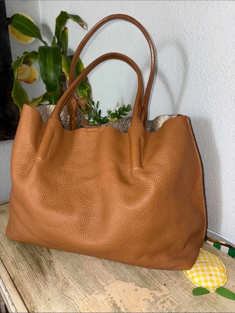 Upcycle Handpainted Alesia Capri Tan Leather Tote with Lavender Floral Accent